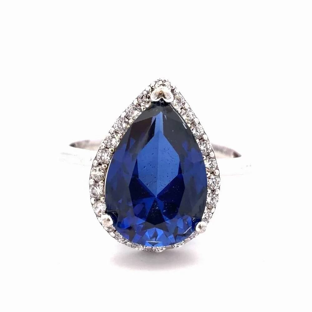 Designer PMJ 925 Sterling Silver Pear Blue Cubic Zirconia White CZ Halo Ring